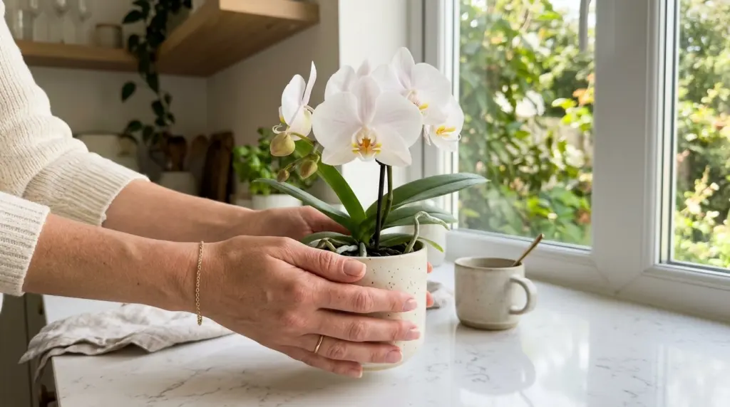 Orquídea Phalaenopsis em vaso dentro de casa